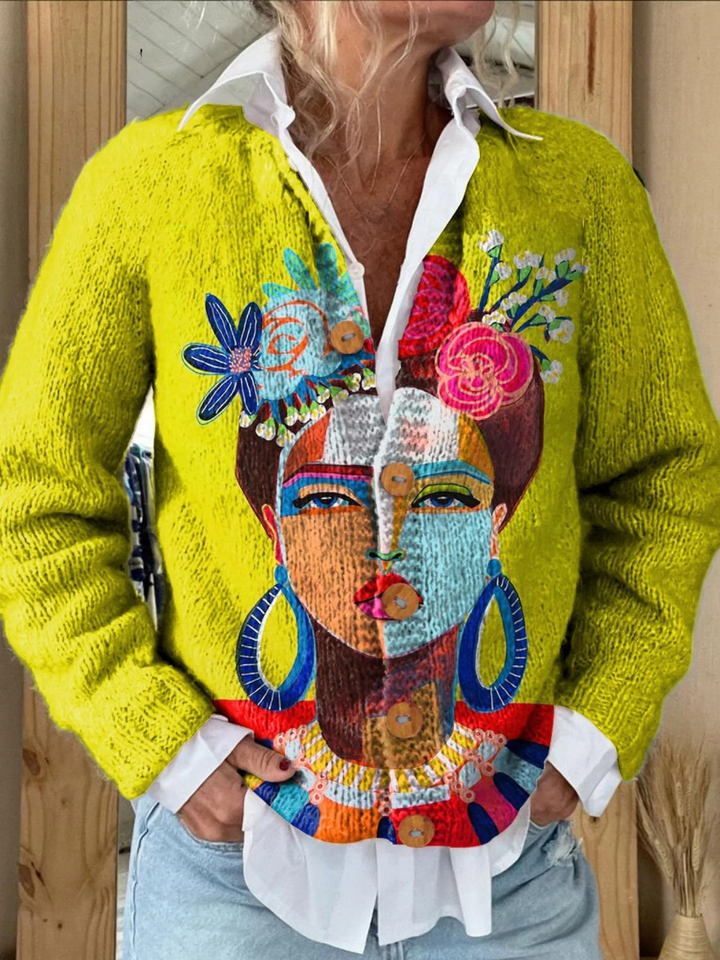 Sharon - Oil Painting Freda Portrait Art Printed Buttoned Cardigan Sweater