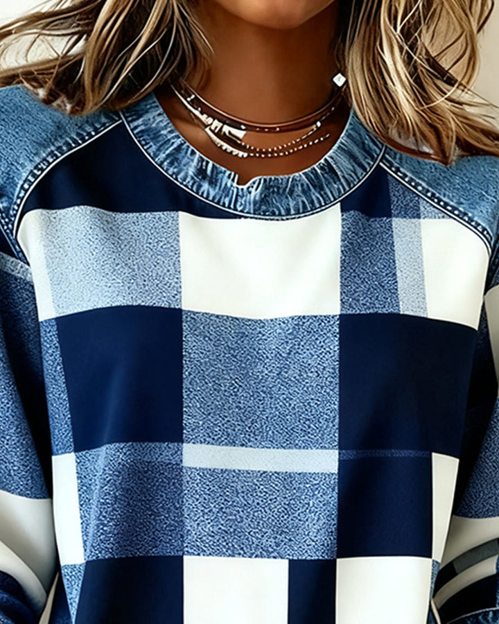 Laluna® | Sweatshirt with Check Patchwork and Contrast Color
