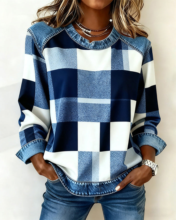 Laluna® | Sweatshirt with Check Patchwork and Contrast Color