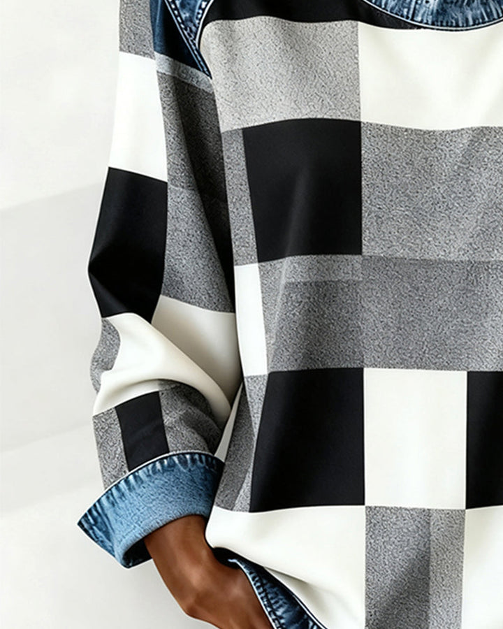 Laluna® | Sweatshirt with Check Patchwork and Contrast Color