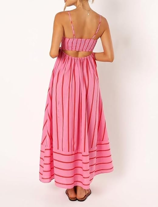 Elsie - Women’s Slash Neck Stripe Slip Maxi Dress