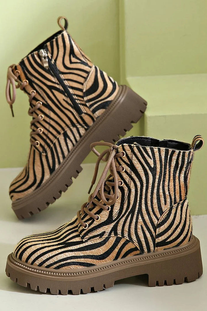 Saevria | Zebra Print Lace-Up Boots