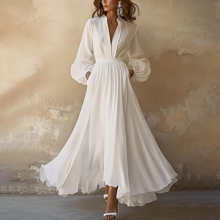 Laura - Vintage-Inspired White V-Neck Maxi Dress