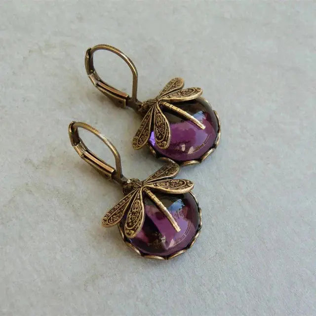 Spherical dragonfly earrings in antique gold