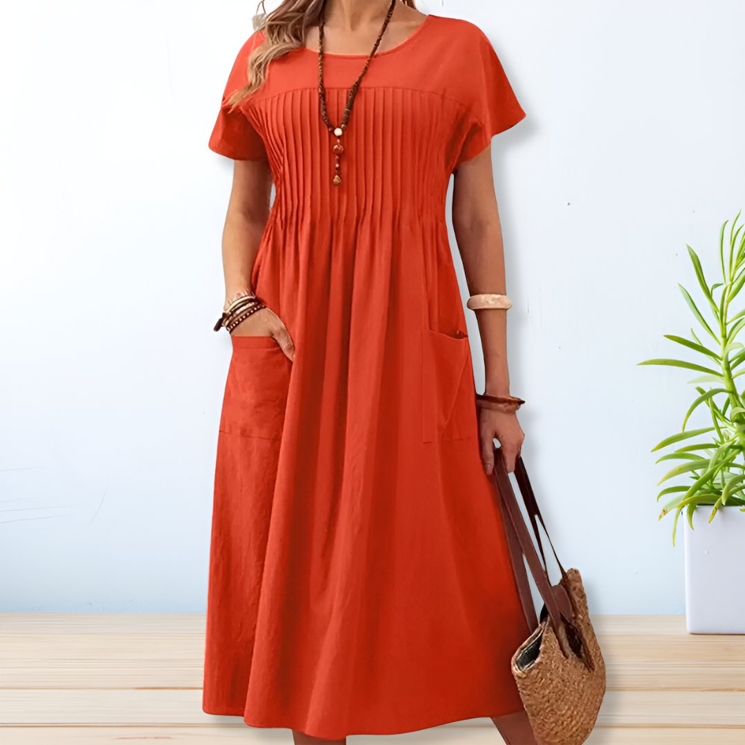 Chelsea - Elegant O Neck Short Sleeve Mid-Calf Dress