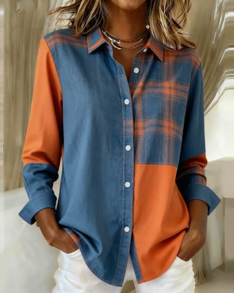 Laluna® | Shirt with Notched Collar and Checked Contrast Design