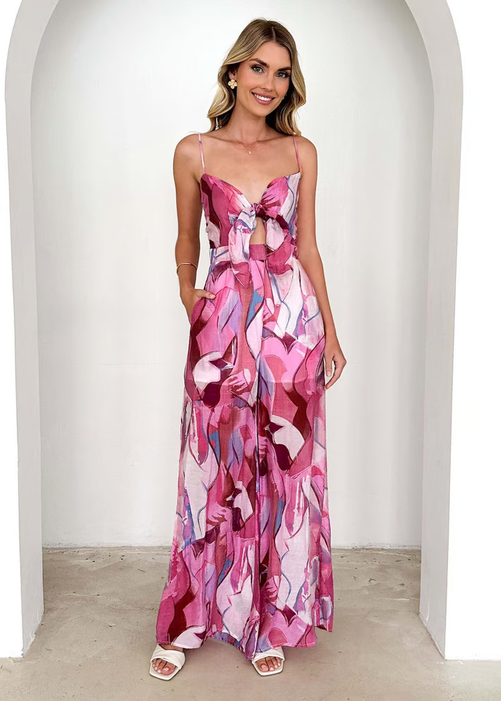 Annalise - Chic Printed Suspender Strap Long Dress