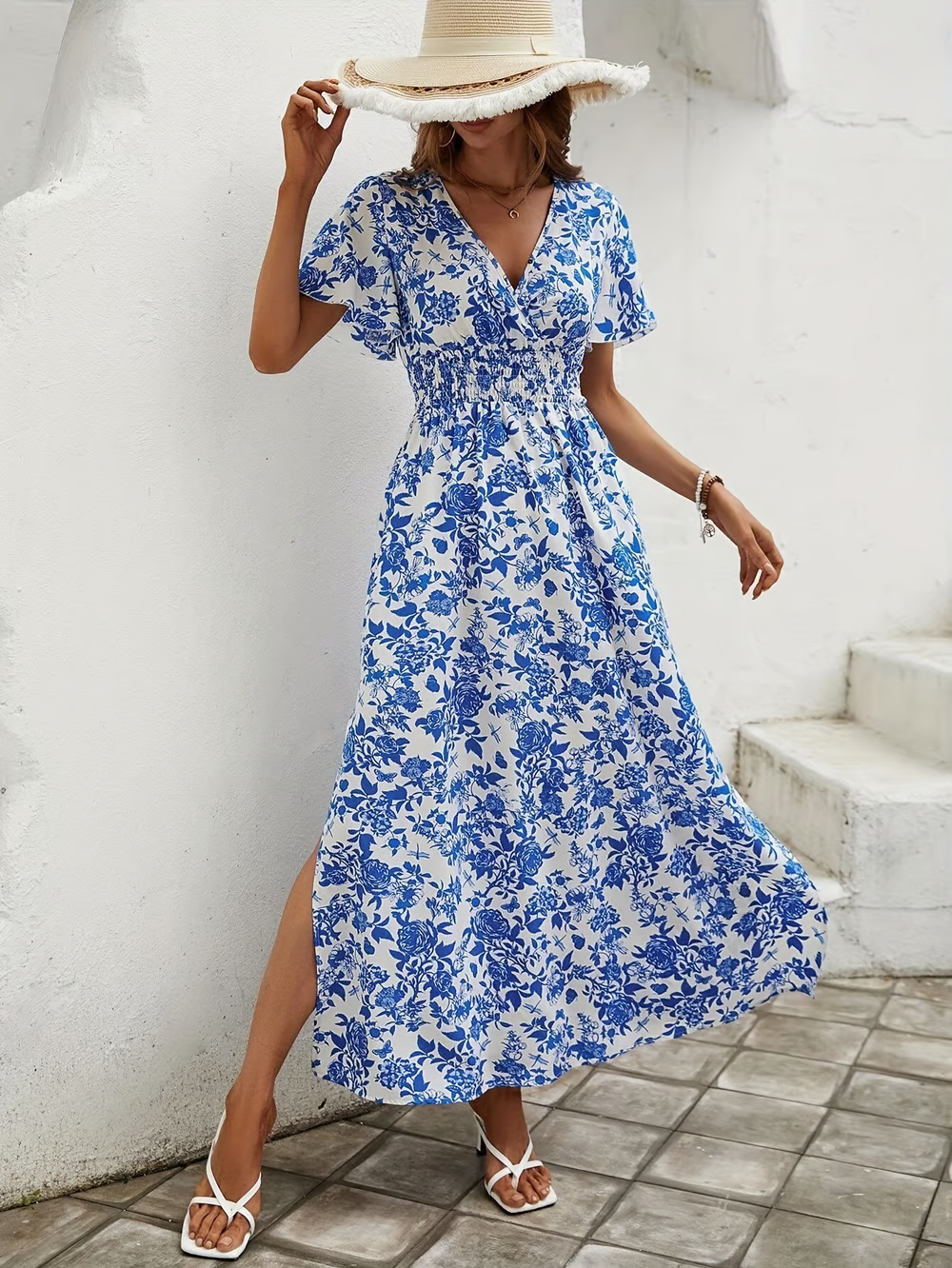 Bea - Bohemian V-Neck Blue Beach Dress